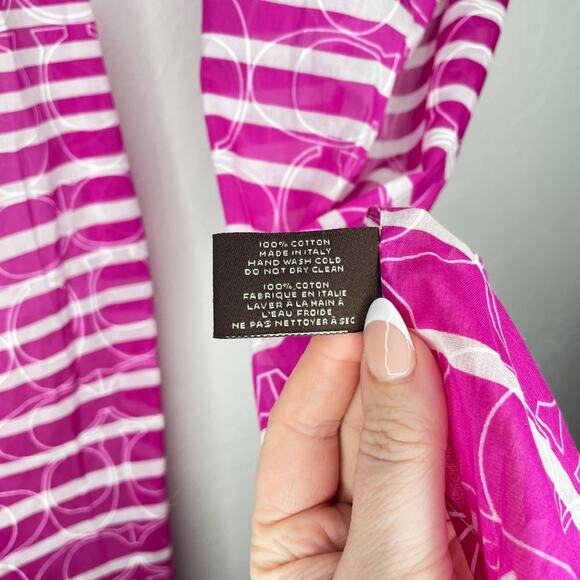 Coach Pink and White Striped Signature Logo C Cotton Raw Cut Lightweight Scarf - Picture 7 of 8